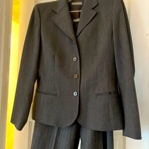 Kate Hill grey suit with grey blue pinstripe wide leg trousers. Size 12.